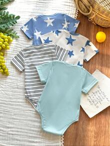 SHEIN Vintaside Kids 4pcs/Set Baby Boy/Girl Cute Knitted Elastic Striped Short Sleeve Rompers, Basic Bodysuits, Spring/Summer - Multicolor - View 2