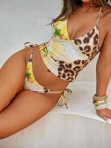 Bonvoyette 2pcs Floral Print Yellow Plaid Bikini Set, Casual Vacation Beach Party Swimwear, Spring/Summer - Light Yellow - View 5