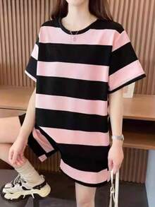 Juego de dos piezas para mujeres Conjunto deportivo retro estilo Hong Kong para mujer, verano nuevo, camiseta de manga corta y pantalones cortos a rayas rosa y negro, dos piezas - Rosa - Ver 5