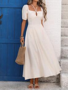 SHEIN Holidaya 女士春夏单层雪纺褶皱条纹法式优雅通勤度假休闲浪漫性感沙滩下午茶深褶泡泡袖收腰显瘦A字长裙 - 杏色 - 查看 6