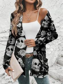 SHEIN LUNE Women's Loose Fit Skull Print Thin Cardigan Jacket,Long Sleeve Black And White Goth Halloween Costumes,Everyday Casual Autumn Fall Clothes For Women - Multicolor - View 8
