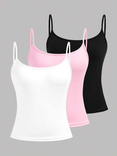Girlism 3pcs/Set Casual Fitted Camisole Tank Top, Suitable For Spring, Summer, Autumn And Winter