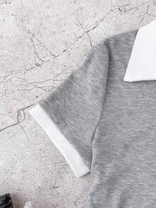 Teen Girls Grey And White Casual Personalized Contrast Collar Ribbed Knit Buttons Snug Fit Dress,Summer Dresses ,Butterfly Embroidery - Grey - View 5