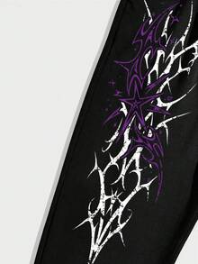 ROMWE MEN Spring Casual Graphic Men'S Casual Gothic Print Drawstring Waist Sweatpants, Autumn - Black - View 3