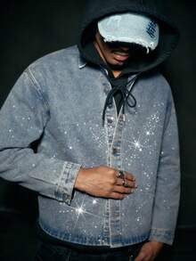 AXEPEAK Men's Washed Rhinestone Embellished Jacket, Fashionable Lapel Stylish Short Outerwear - Blue - View 4