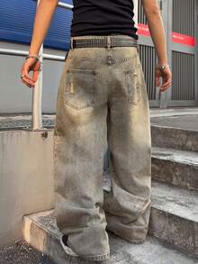 Manfinity EMRG Quần jeans nam phong cách đường phố cổ điển, dáng rộng, ống thẳng, in chữ graffiti và họa tiết rách. - Màu xanh lam - Xem 2