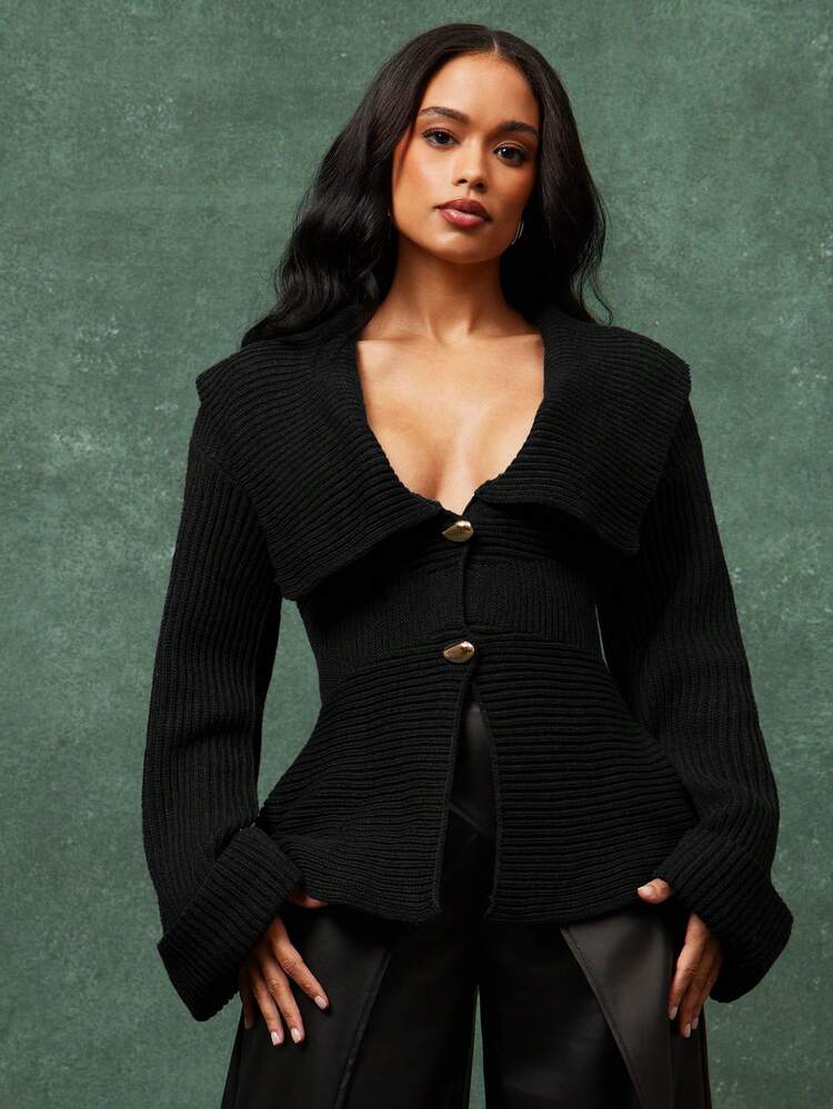 Vixey Rib Knit Wide Shawl Collar Peplum Hem Long Sleeve Cardigan