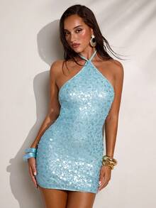 SHEIN BAE 女士亮片露背性感系带迷你连衣裙 - 淺藍色 - 查看 5