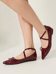 CUCCOO CHICEST 女士尖头蝴蝶结装饰搭扣优雅鞋 - 酒紅色 - 查看 4
