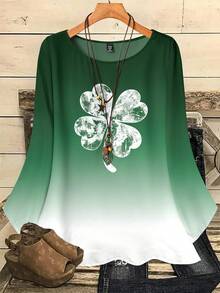 EMERY ROSE Camisa holgada de manga 3/4 con cuello redondo y estampado de trébol degradado para mujer talla grande - Multicolor - Ver 1