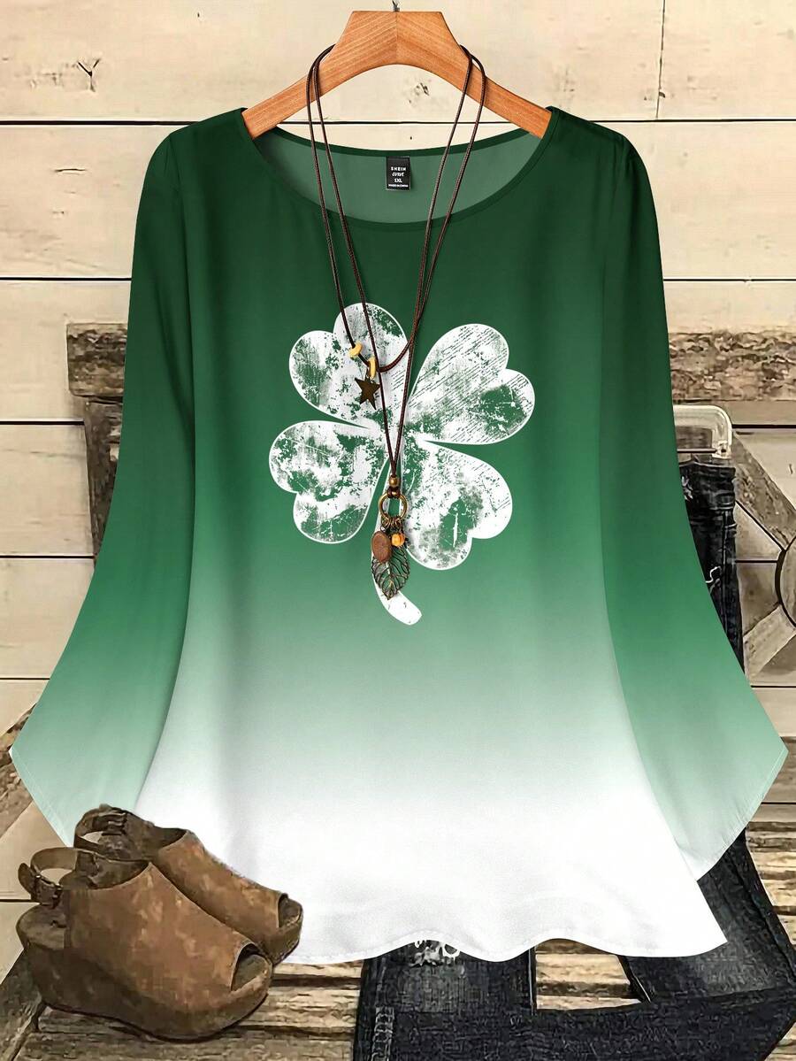 EMERY ROSE Camisa holgada de manga 3/4 con cuello redondo y estampado de trébol degradado para mujer talla grande - Multicolor - Ver 1