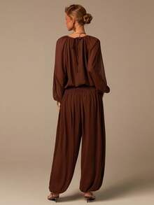 COSMINA 女士纯色抽绳腰灯笼袖连体裤，V领，灯笼裤，优雅休闲，适合度假、海滩、日常穿着，宽松版型，棕色女士连体裤 - 棕色 - 查看 5