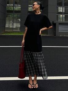 DAZY 女式格纹拼布圆领中长款T恤连衣裙 - 黑色 - 查看 7