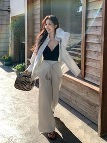 DAZY Women's Vertical Striped Shirt Set, Casual Loose Waist Tie Top And Wide Leg Pants 2-Piece Outfit, Summer - Apricot - View 5