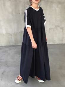 FRIFUL 女士藏蓝色撞色长连衣裙，精致刺绣，休闲运动风，夏季长款连衣裙 - 藏蓝色 - 查看 4