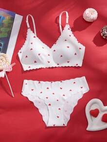 Eraneu Valentine's Day Sweet Heart Print Wavy Edge Adhesive Seamless Bra Set, 2pcs Sleepwear Bra Set - Red and White - View 6