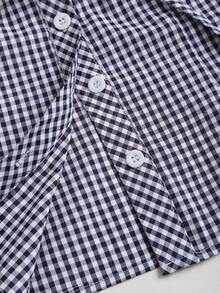 SHEIN Sweetro Women's Halloween Outfit, Thanksgiving Outfit, New Year Outfit, Suitable For Party, Commute, Daily, Travel, Vacation. Fashionable Off Shoulder Ruffle Trim Plaid Shirt, Sweet Bow Tie Waist Short Sleeve Blouse - Blue and White - View 6