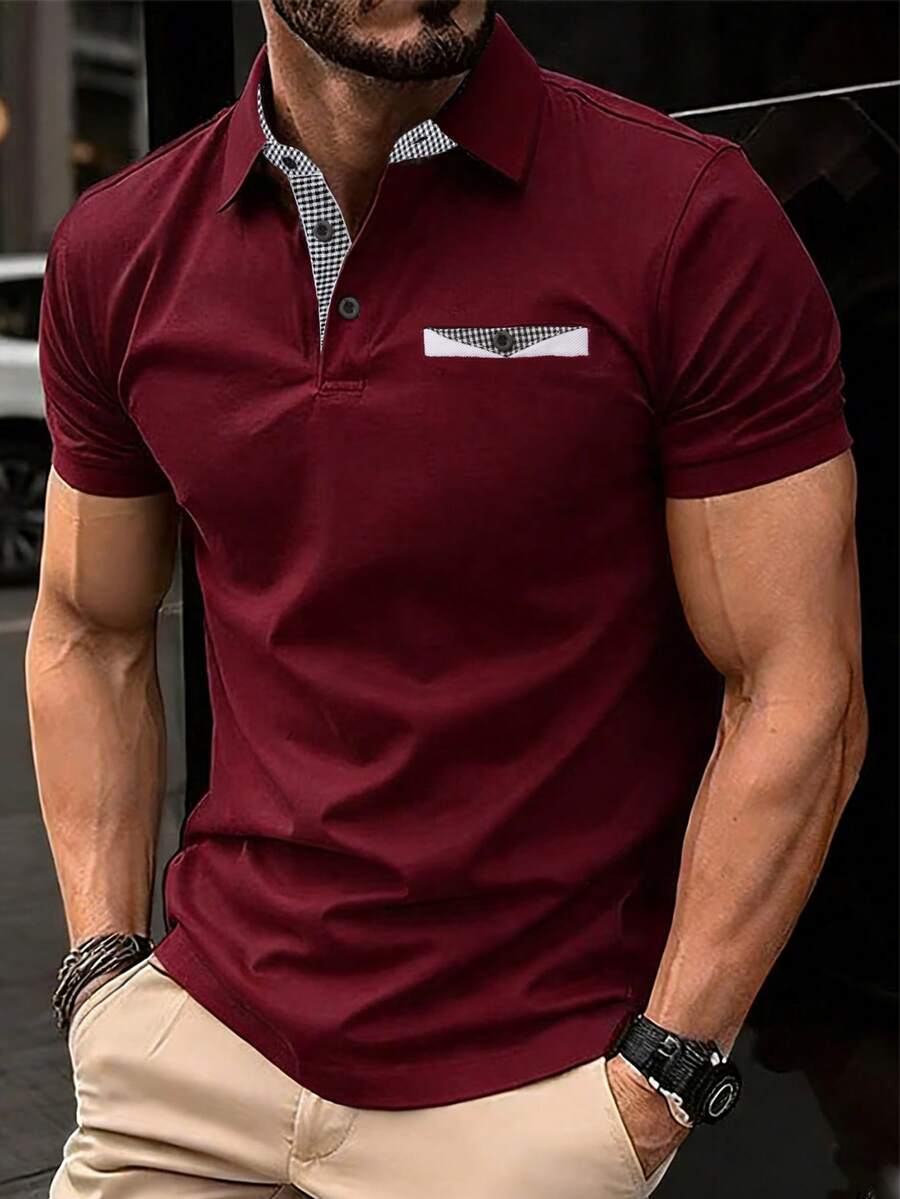 Calvornis 男士格紋拼接短袖休閒通勤 Polo 衫 酒紅色 Polo 衫 高爾夫球衫 正式 儀式 - 酒紅色 - 查看 1