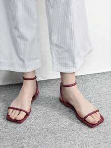 CUCCOO BIZCHIC 女士方头极简系带平底凉鞋，简约时尚通勤户外夏季度假圣诞节鞋履 - 酒紅色 - 查看 2