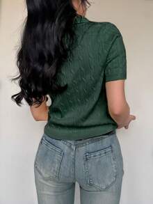SHEIN Unity Áo thun nữ tay ngắn cổ polo dệt kim đơn giản, màu trơn, thích hợp mặc hàng ngày đi làm, mùa hè. - Màu xanh lá cây đậm - Xem 2