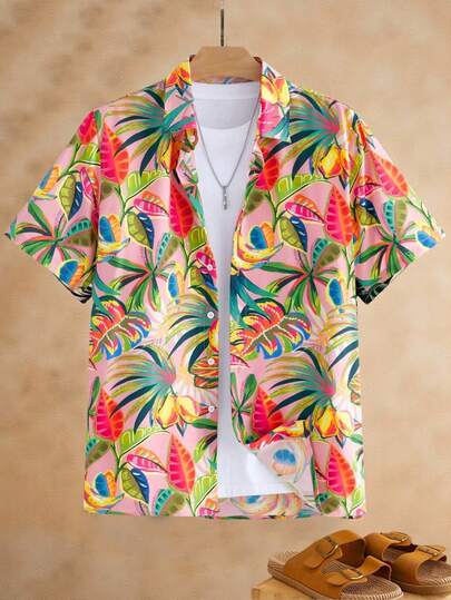 HIMLAND 男士休闲度假派对沙滩印花短袖衬衫