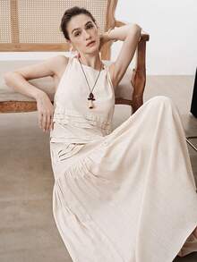 Aalyst 女士亚麻圆领宽松开衩下摆连衣裙，优雅法式复古风，适合通勤、商务、度假、海滩、休闲等多种场合，春夏新款 - 杏色 - 查看 6