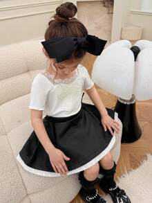 Dazy Kids Young Girls PU Bow Lace Patchwork Casual Korean Style A-Line Skirt - Black - View 6