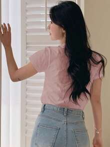 DAZY Áo thun nữ cổ tròn tay ngắn in khẩu hiệu thời trang thường ngày - Hồng - Xem 2