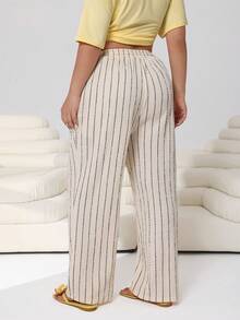 Solflare Plus Size Casual Striped Drawstring Waist Pants - Cream - View 2