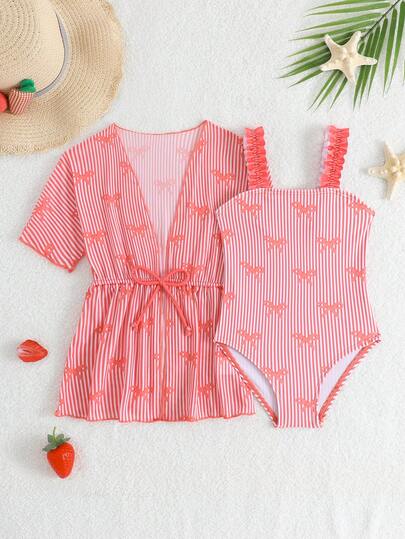 SHEIN Baby Girls Beachwear Two-Piece Set: Cartoon Multi-Color Bowknot Print Knit Fabric One-Piece Jumpsuit With Shoulder Lace + Short Sleeve Blouse. The One-Piece Jumpsuit And Short Sleeve Blouse Are Fashionable, Casual, Delicate And Elegant. They Are Suitable For Swimming, Summer Vacation, Beach, Seaside, Swimming Pool, Summer Holiday Party, And Leisure Vacation. Baby Girl Two Piece Swimming Clothes Bow Print Baby Swimsuit Striped Baby Swimsuit Beach Clothes For Baby Girl