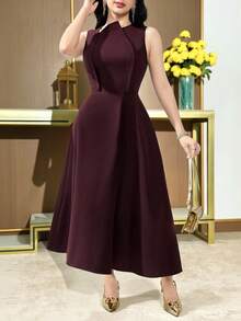 Feyla Women's Solid Color Sleeveless Elegant Bud Design Waist Midi Dress Burgundy Dress Plum Dress Elegant Midi Dress Wine Dress - Burgundy - View 3