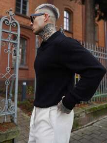 Artur Kramer Men's Loose Fit Thin Long Sleeve Ribbed Knit Polo Shirt, Minimalist & Fashionable, Suitable For Daily Commute, Spring/Autumn - Black - View 6