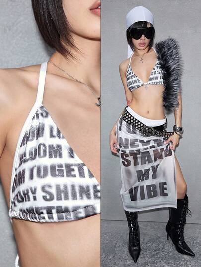 J-Fashion Women's Y2K Sexy Bombshell Punk Pioneer Logo Graphic Print Pendant Decorated Bikini Top