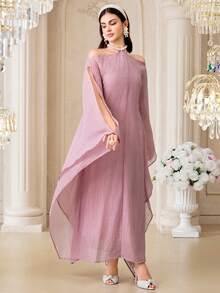 Al Najma Women's Solid Color Off-Shoulder Split Sleeve Loose Turkish Maxi Dress Kaftans For Women - Pink - View 3