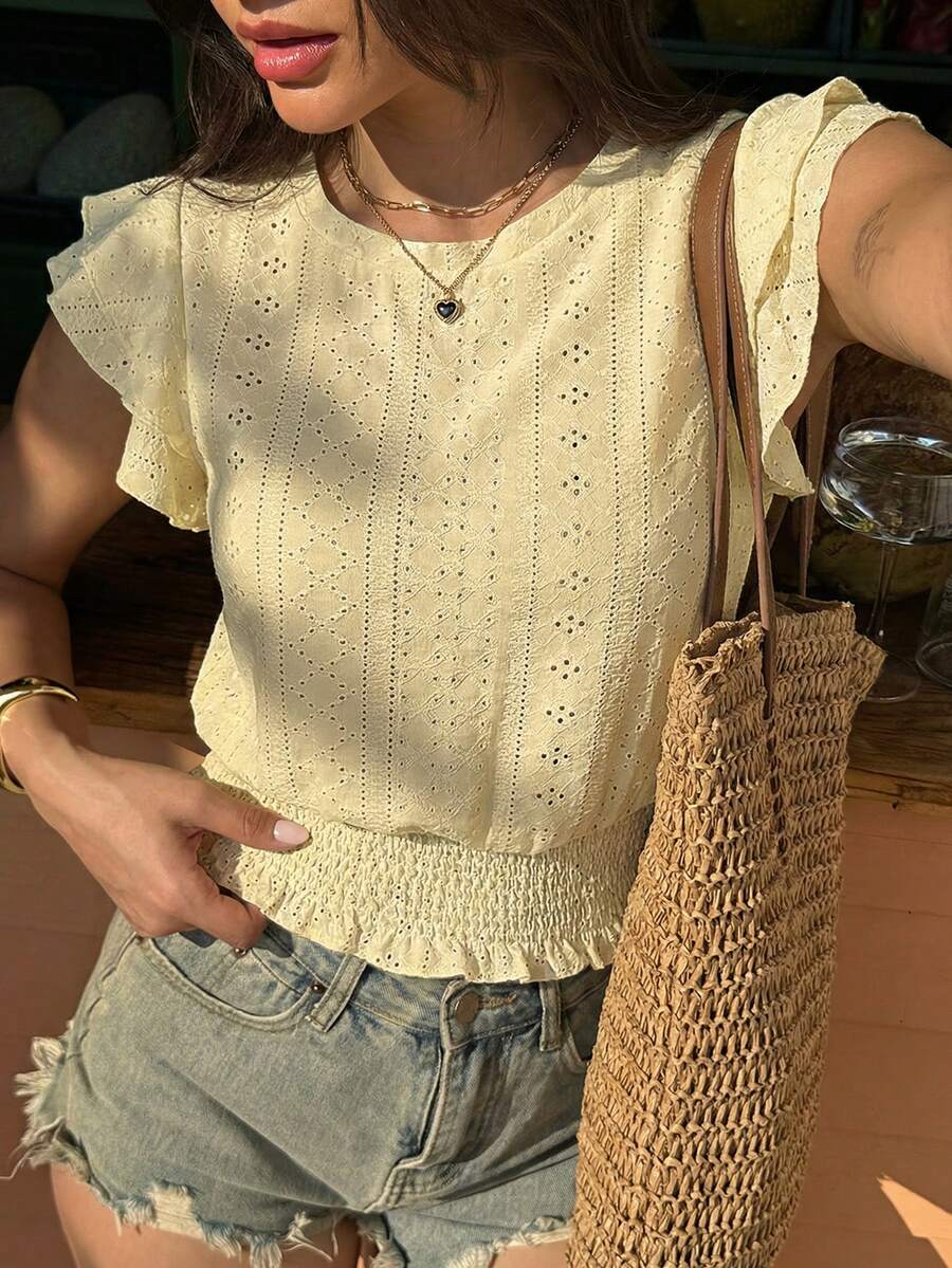 Elenzga 夏季休闲度假白色提花圆领T恤 - 淡黃色 - 查看 1