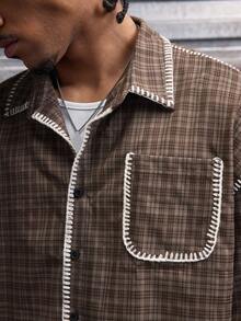 AXEPEAK Men's Plaid Collar Pocket Single-Breasted Casual Versatile Commuting Short Sleeve Shirt - Coffee Brown - View 7