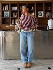 Muchica 女士休闲红色针织条纹宽松落肩短袖T恤，适合外出、返校、街头潮流、Y2K风格。 - 彩色 - 查看 4