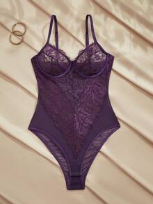 Charlaine Elegant Purple Lace & Mesh Patchwork Jumpsuit, Slimming, Sheer, Waist-Cinching, Romantic French Style, Sophisticated & Sexy - Purple - View 1