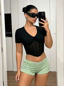 SHEIN ICON 时尚修身Y2K性感超低腰条纹超短裤，夏季 - 薄荷綠 - 查看 5