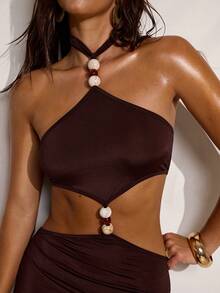 SHEIN BAE Robe longue moulante femme à col ras-du-cou avec découpe à la taille, couleur unie et sexy - Tabac - Voir 7