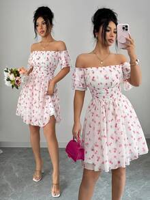 Elenzga فستان أنيق وأنثوي بأكمام مكشكشة وطبعة زهور صغيرة على كتف واحد بقصة A-line قصير، مناسب للمواعيد والخروجات والعطلات، بطراز منعش، ضروري للتصوير الفوتوغرافي، متعدد الاستخدامات، للربيع والصيف - متعدد الألوان - مشاهدة 3