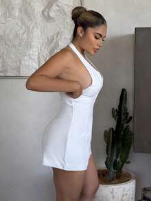 Maria Perezxox White Halter Deep V Jumpsuit With Flared Pants, Short Style For Women - White - View 5