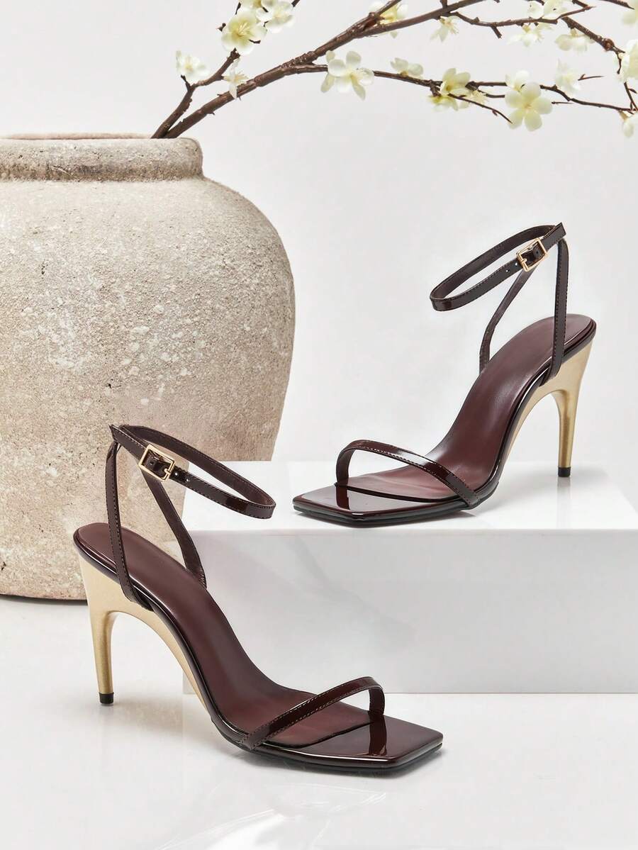 SHUZIA Women's Elegant Minimalist Square Toe Ankle Strap Stiletto Heel Sandals - Chocolate Brown - View 1