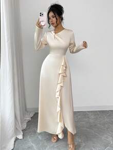 Rafferiza 女士优雅纯色长袖连衣裙，女士修身侧边荷叶边系带露背设计长款连衣裙，适合日常、通勤、约会、派对等场合，尽显奢华温柔风格 - 杏色 - 查看 7