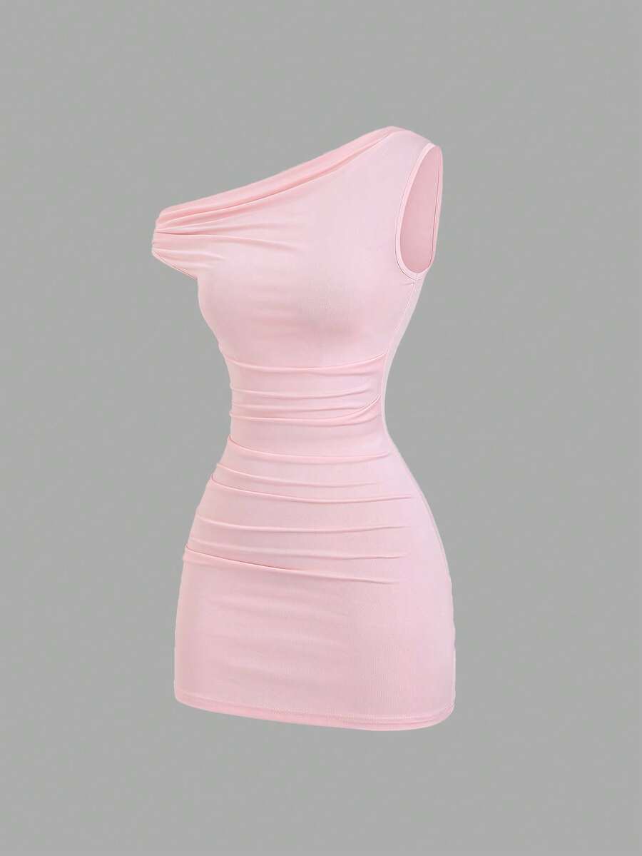 Sweetra 新款复古性感修身舒适休闲粉色连衣裙，适合女士，春夏款 - 粉色 - 查看 1