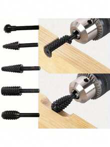 1/4in 5 Pcs Wood Carving Drill Bit Set Rotary File Burrs Tool For Woodworking Craft Sculpting Root Engraving Milling Polishing Electric Power Tool Accessory - Black - View 2