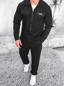 Manfinity Homme 2pcs Men's Elegant Houndstooth Jacquard Long Sleeve Zip-Up Jacket And Drawstring Elastic Waist Ankle Cuff Pants Set, Classic Hot-Selling Autumn/Winter Casual Outfit For Vacation, Dates, Parties, Office, Business - Black - View 5