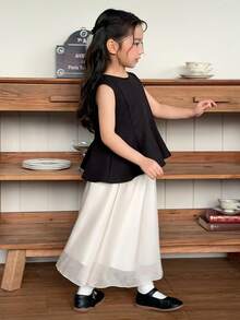 DAZY 2pcs/Set Young Girls Round Neck Sleeveless Ruffle Blouse And Skirt Set - Multicolor - View 8