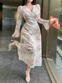 DAZY 优雅花卉V领喇叭袖连衣裙，女士吊带裙 - 淺粉色 - 查看 9