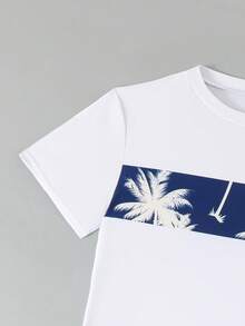 SHEIN 青少年男孩热带棕榈树印花短袖上衣和短裤泳衣套装，夏季海滩度假 - 彩色 - 查看 4